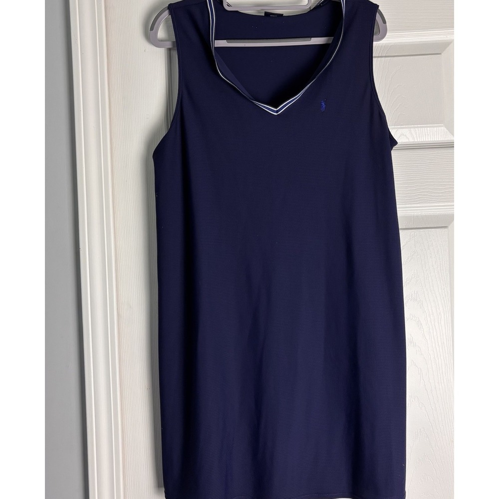 Vtg Ralph Lauren Sport Women's L V Neck Sleeveless Performance Dress Blue Logo